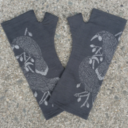 Beautiful charcoal merino wool gloves with birds printed on them.