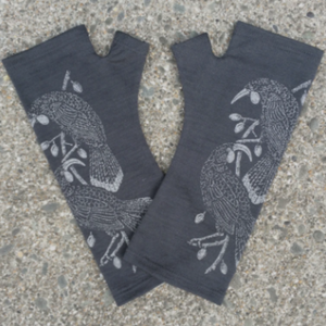 Beautiful charcoal merino wool gloves with birds printed on them.
