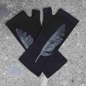 Black Merino Wool Gloves with a beautiful silver feather.