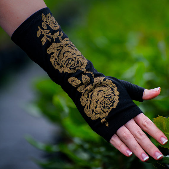 Merino Wool Gloves - Black and Gold Rose